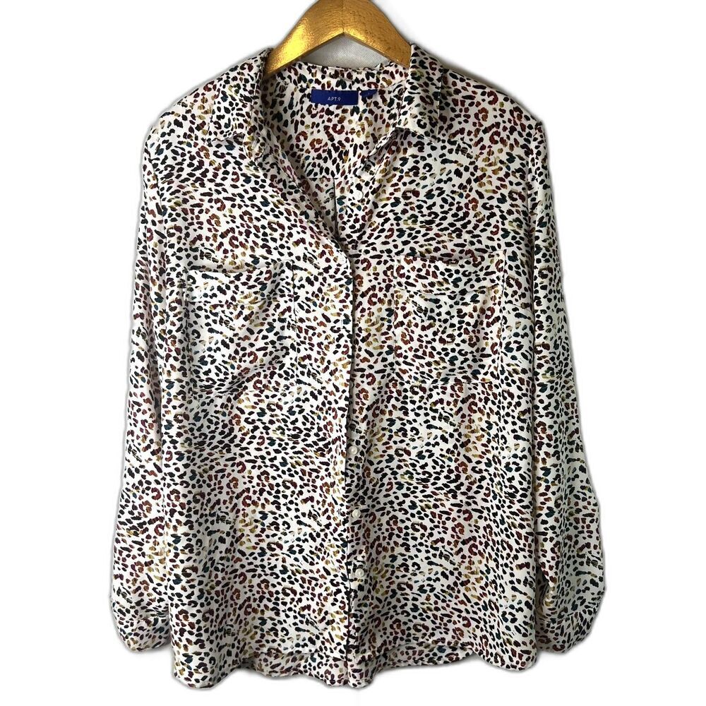 Apt 9 Maximalist Animal Print Spatter Blouse Leopard Roll Tab Sleeves Size Large